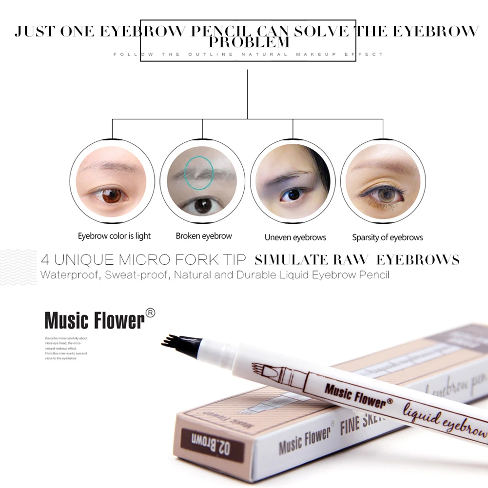 Music Flower Professional 3D Microblading Eyebrow Tattoo Pen with 4 Micro Tips Natural Eyebrow Pencil Waterproof Brow Tint TSLM2