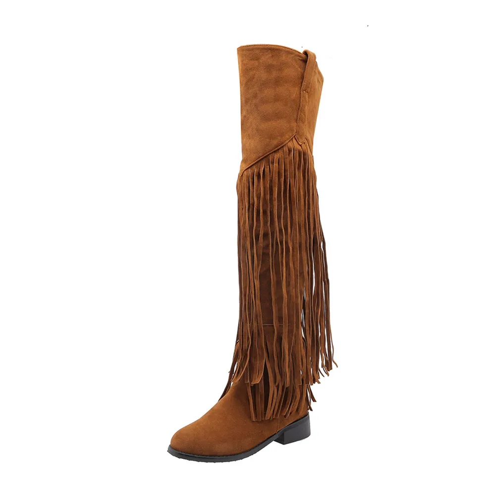 SARAIRIS Brand New Plus Size 32-49 Thigh High Boots Fringe Chunky Heels Shoes Woman Casual Party Over The Knee Boots Women - Цвет: tu huang se
