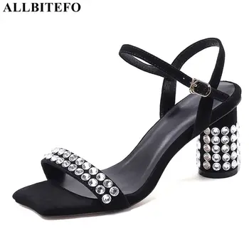 

ALLBITEFO EURO SIZE 34-42 rhinestone design sheepskin suede high heels women heels shoes summer women sandals peep toe sandals