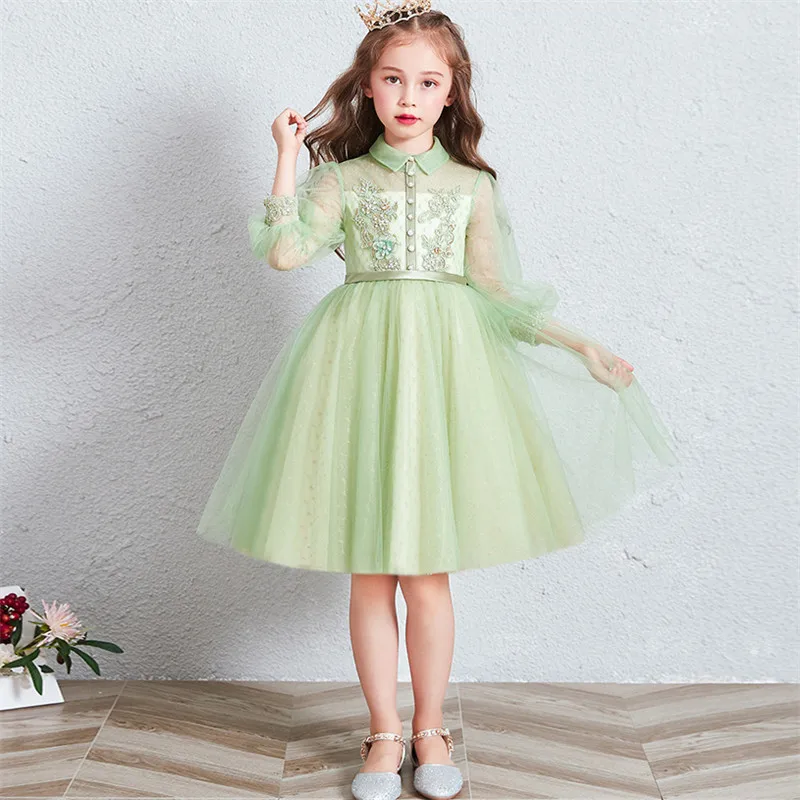 green short dress Детское корейское милое платье для дня рождения, вечеринки, выпускного вечера, платье принцессы, детское осенне-зимнее милое платье для выступлений на фортепиано - Цвет: green short dress