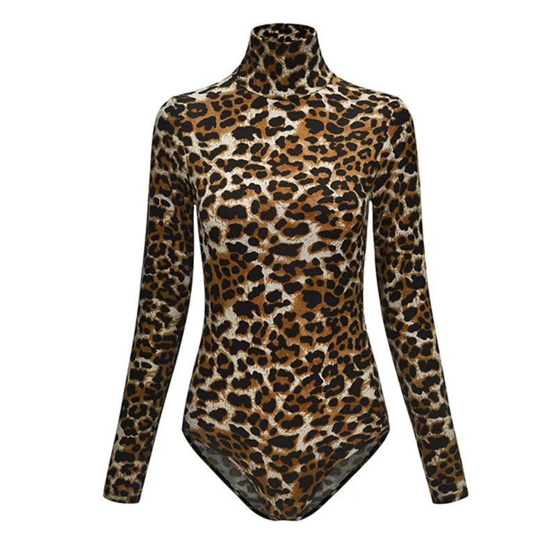 5 Styles Leopard Bodysuit for Women Sexy Bodycon Skinny Body Suit Turtleneck Long Sleeve Playsuit Printed Romper Jumpsuits