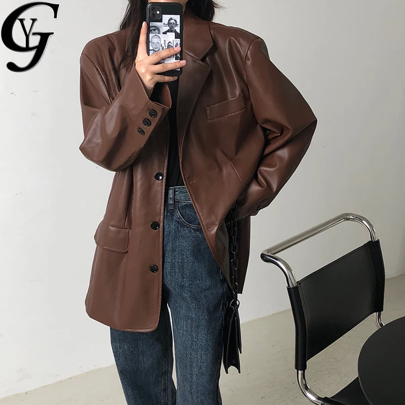 

Ulzzang Fashion Leather Blazers Women Vintage Turn Down Collat Pockets Leather Jacket Female Harajuku Streetwear PU Leather Coat
