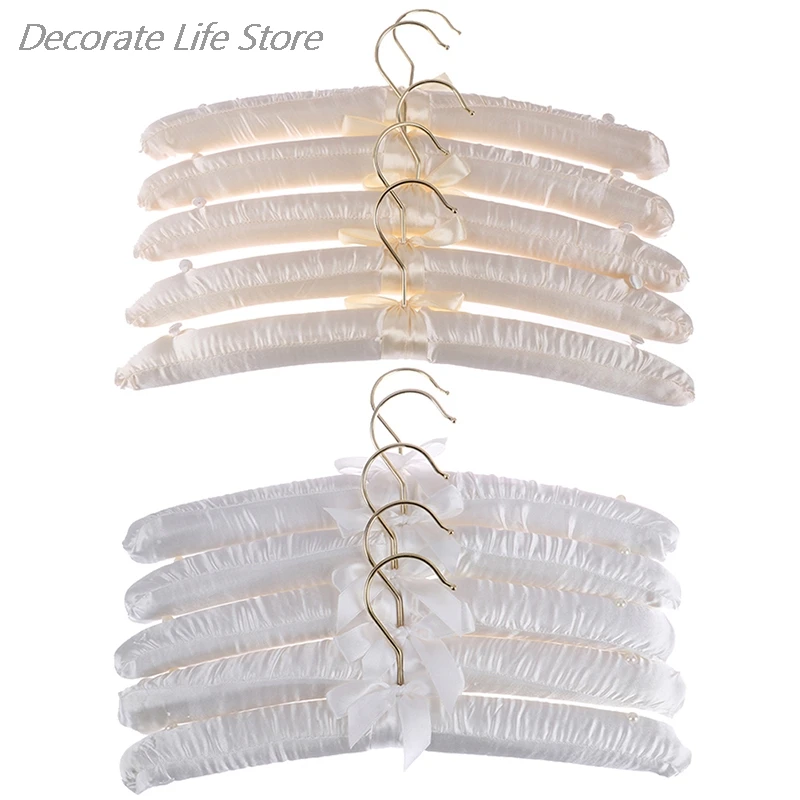 5Pcs38cmBeigeWhiteSatinPaddedTopHangersClothesCoatTopGrade
