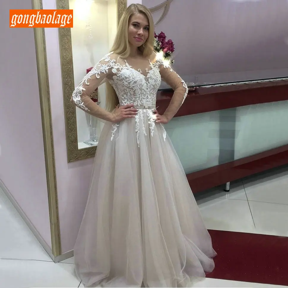 

Graceful Boho Silver Grey Prom Dresses Long Sleeve Ivory Lace Applique Tulle A Line Prom Gowns Customized Women Formal Dress New