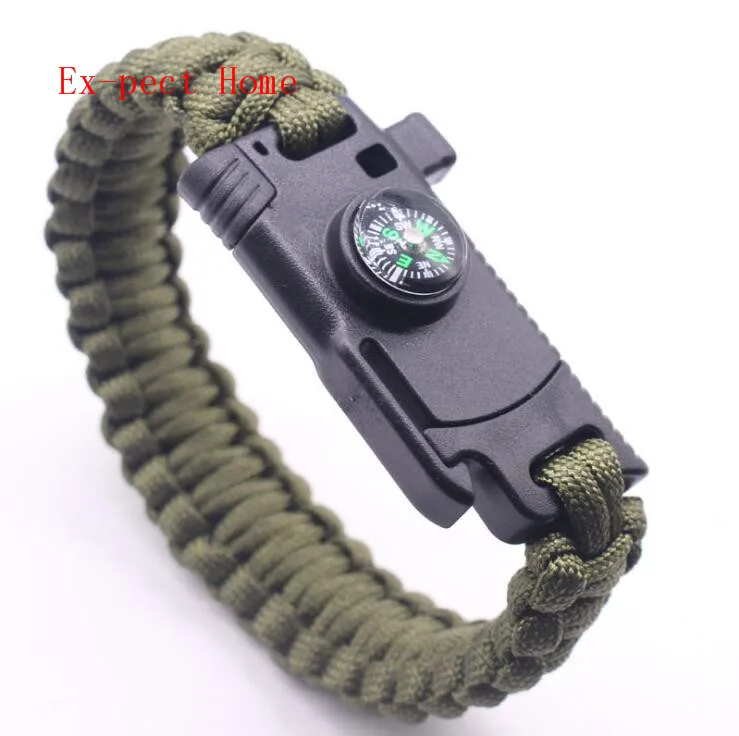 Wholesale 200pcs/lot outdoor survival compass paracord Whistle Gear Buckle Camping rescue rope escape Bracel