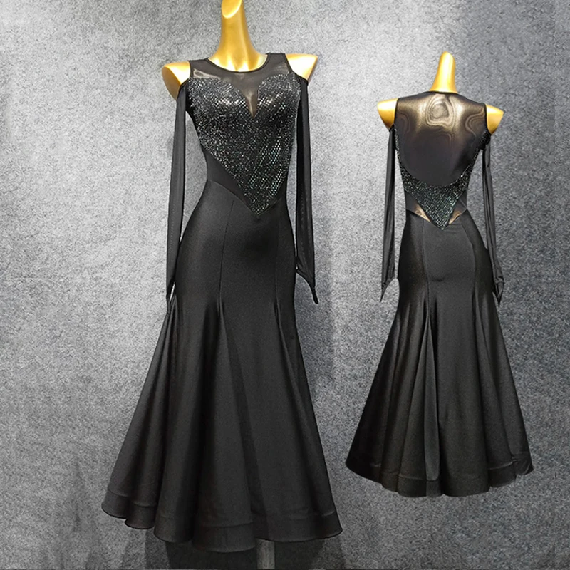 Блесток платья для конкурса бальных танцев женщин с длинным рукавом вальс костюм