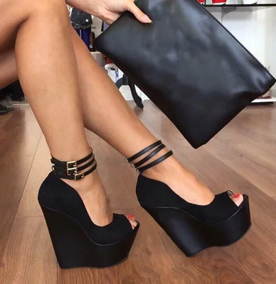 

Women Platform High Heels Wedge Sandals Ankle Wrap Black Evening Party Height Increase Pumps Ladies Shoes Women Zapatos Big Size