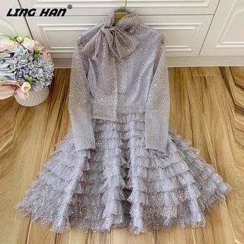 

LINGHAN Designer Spring Summer Sequins Embroidery Mesh dress Women's elegant Bow Colla Bow Tiered Ruffles Party Dresses