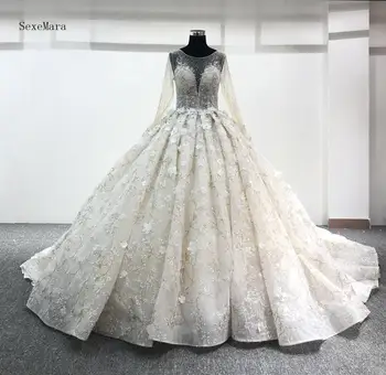 

Custom Luxury Long Sleeves Lace Ball Gown Wedding Dresses Beaded 3D Floral Appliqued Lace Bridal Gowns Plus Size Wedding