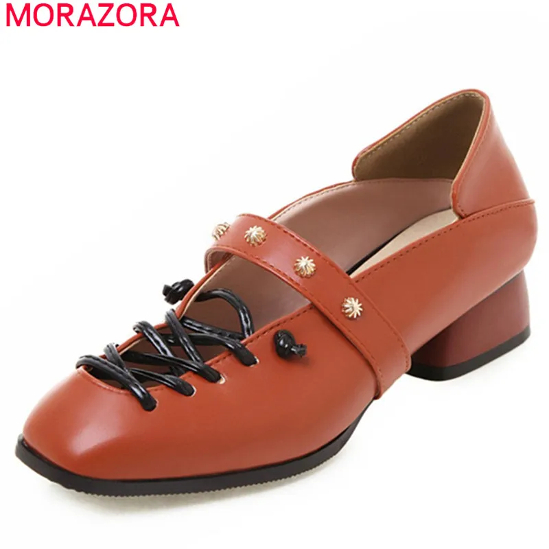 MORAZORA/ модные женские туфли-лодочки; большие размеры 33-43; женские туфли на среднем каблуке с квадратным носком на шнуровке; простая повседневная обувь из искусственной кожи