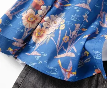 

Early Autumn Women Cotton Shirt Turn Down Collar Floral And Bird Print Long Sleeve Colourful Blouse