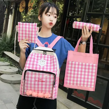 

Fashion Patchwork Bagpack Women Canvas Plaid 4Pcs Set Backpack Letter School Bag For Teenage Girls Cute Print Shoulder Bags New