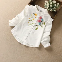 Милая рубашка с длинными рукавами и оборками для девочек детская хлопковая рубашка с цветочной вышивкой Осенняя детская куртка