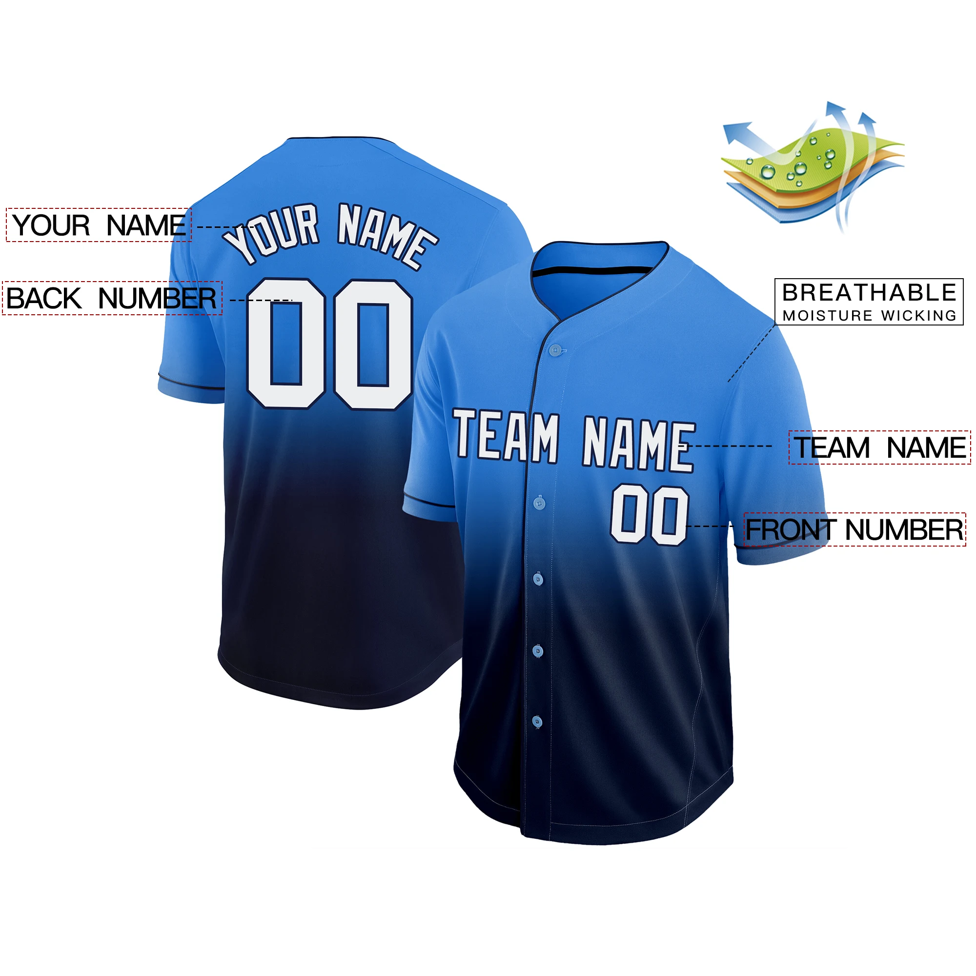 Custom Baseball Jersey Short-Sleeve Cardigan Softball Sport Shirt Jersey Gradient Color Printing Design Team Name/Number Unisex