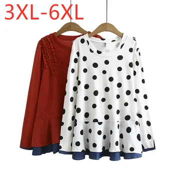 

New autumn winter ladies plus size pullover tops for women large long sleeve loose cotton ruffle dot T-shirt 3XL 4XL 5XL 6XL