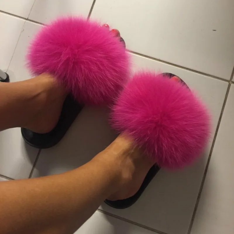 

Women's Open Toe Flat Indoor Warm Fox Fur Slippers Female Cute Fluffy Plush Outside Slides Shoes Casual Furry Flip Flops