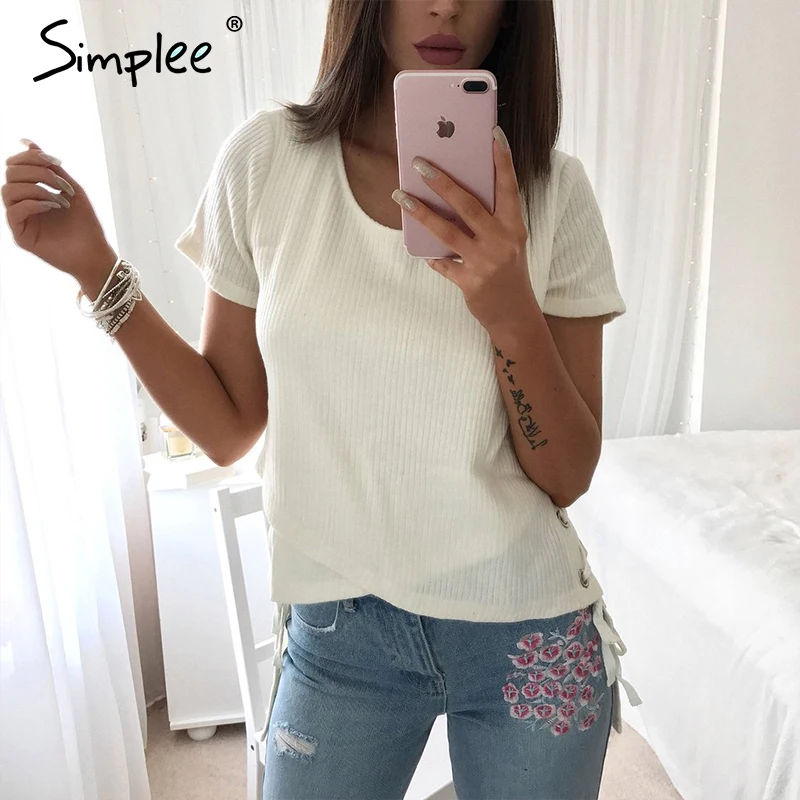 Simplee на шнуровке нерегулярные свитер для женщин футболки зима с коротким рукавом Сплит Блузка свитер женский Осень Сексуальная выдалбливают blusas