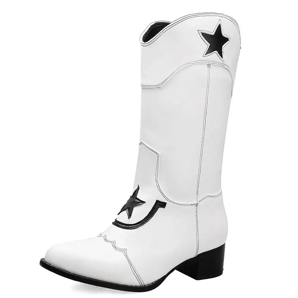 SARAIRIS/; обувь со звездами; женские ковбойские сапоги Вестерн; женская обувь; ботинки до середины икры без застежки для отдыха; женская обувь; большие размеры 46 - Цвет: Белый