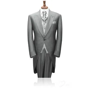 

Light Grey Long Men Suit Groom Groomsman Wedding Bridegroom Tuxedos One Button Wedding Suit ( Jacket+Pants+Tie +Vest) A034