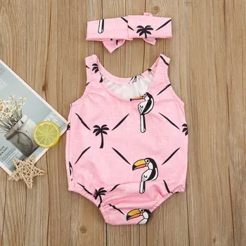 

Baby Rompers Summer Casual Sleeveless Romper Newbaby Girls Cartoon Animal Cool Cute Jumpsuit Free Headband 3PCS Pink