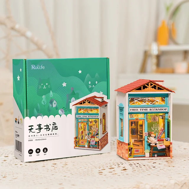 Robotime DIY Wooden Dollhouse Mini Town Doll House with Furniture Bookshop for Children Gift Miniature Adult 6