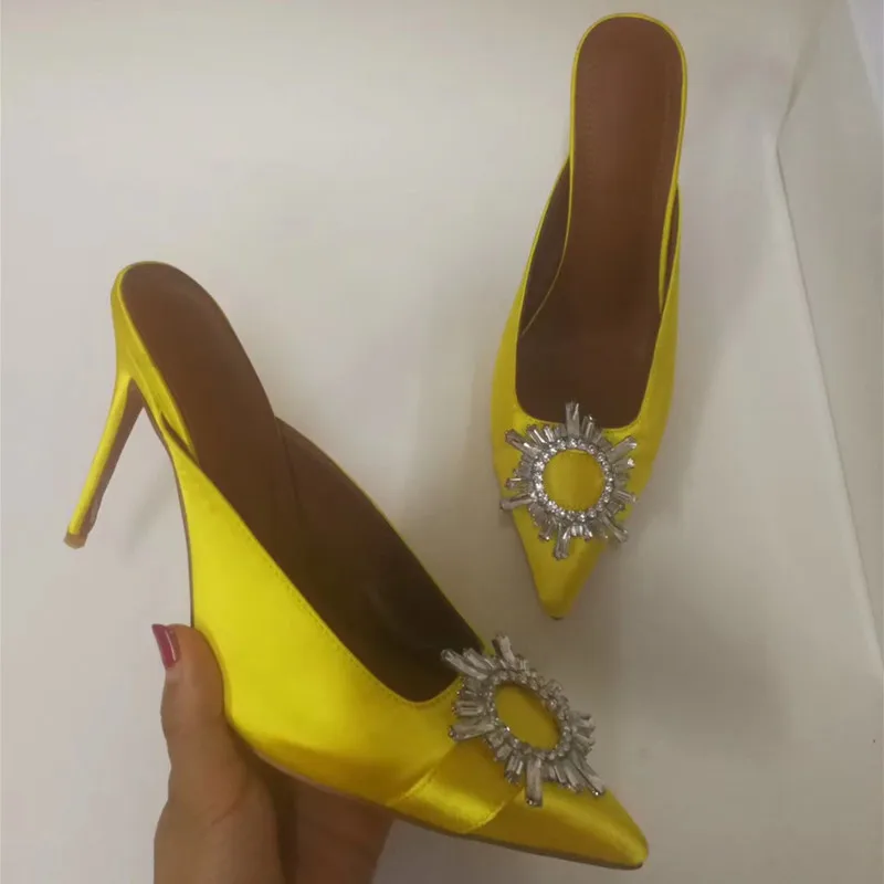 Crystal Embellished Satin Dress Mules Formal Ladies Summer High Heel Slippers Yellow Blue Slides Shoes Women