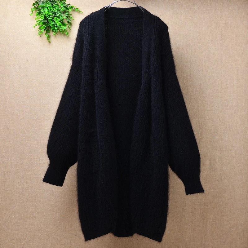 

femme Women winter thick warm loose black hairy mink cashmere long cardigan long sleeves angora fur knitwear sweater coat jacket