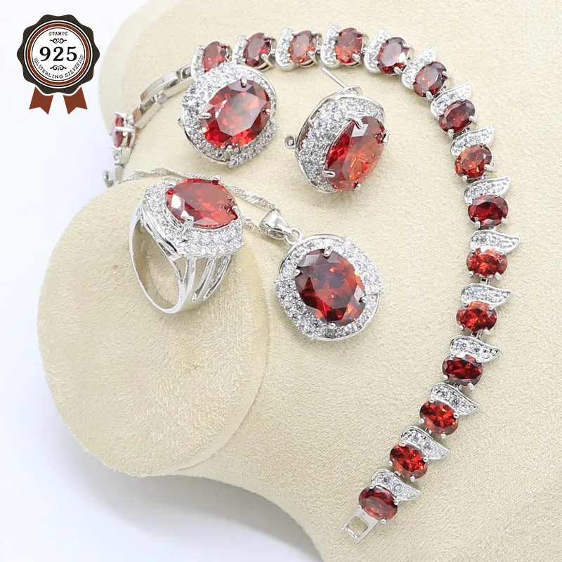 

Geometric Red Zircon 925 Silver Jewelry Set for Women Bracelet Hoop Earring Necklace Pendant Ring Gift Box for Jewelry