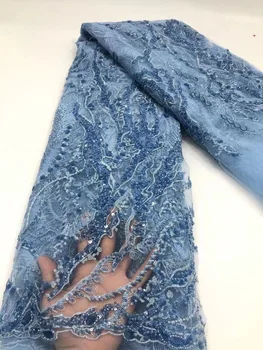 

Sky Blue African Tulle Lace Fabric High Quality Sequins Mesh Lace French Net Lace Fabric With Beads for Wedding Dress Party