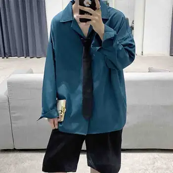 

Basic solid color summer simple ruffian handsome men's shirt Korean Lapel thin inch shirt all season long sleeve autumn wear