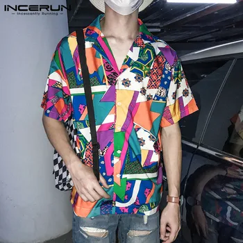 

INCERUN Summer Fashion Men Funny Printed Short Sleeve Lapel Shirt Vacation Comfort Joker Casual Button Mens Blouse Streetwear