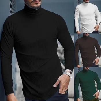 

2020 Fashion and Casual Sweater for Men's High-elastic Pullover Knitted Solid Color Pit High-neck Long Sleeve T-shirt Clothing