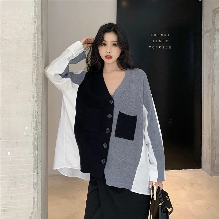 

2019 Autumn New Arrival V-neck Knit Stitching Shirt Female Korean Version Loose Temperament Long-sleeved Shirt Free Shipping