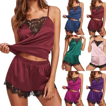 

2Pcs/Set Sexy Women Lace Spaghetti Strap V-Neck Pyjamas Sleepwear Nightgown Cute Cami Top and Shorts Sleeveless nightdress