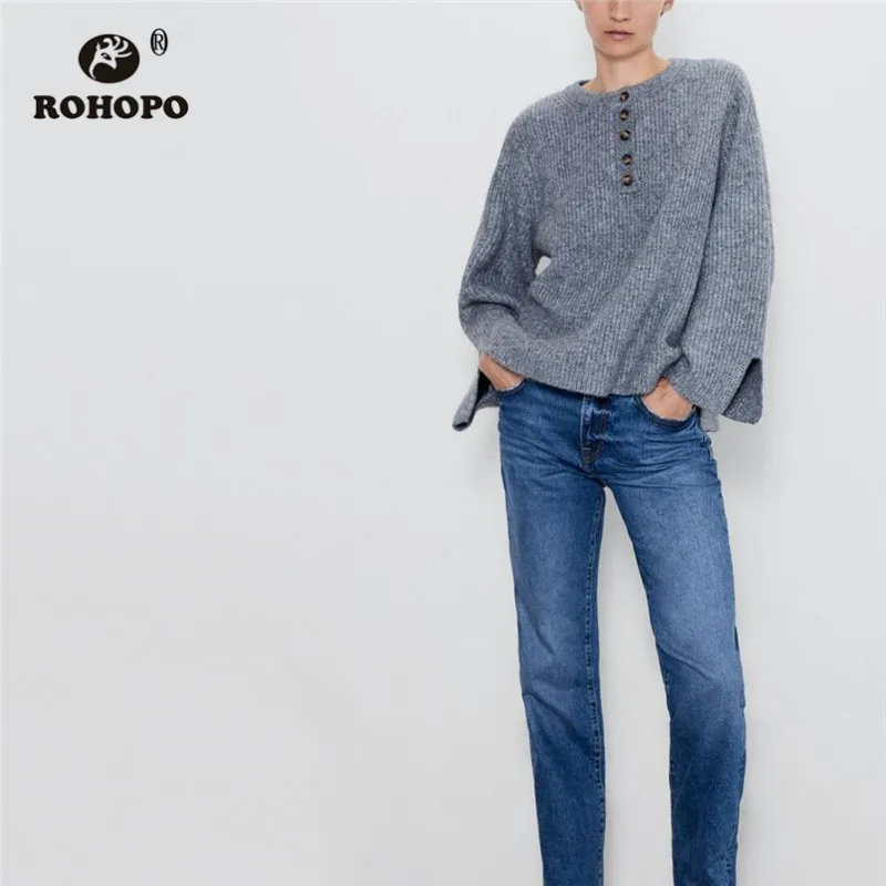 

ROHOPO Round Collar Front Zipper Fly Neck Grey Sweater Split Cuff and Hem Vertical Ribbed Winter Loose Knitted Tops Outwear 1798
