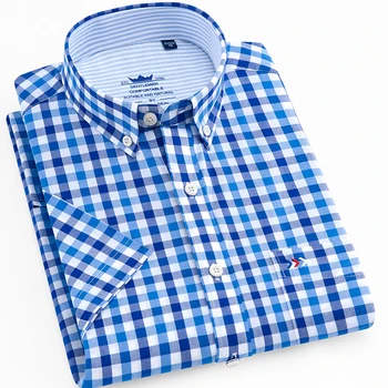 

Men's Summer Casual Short Sleeve Plaid Checkered Cotton Shirt Single Patch Pocket Standard-fit Thin Button Down Gingham Shirts