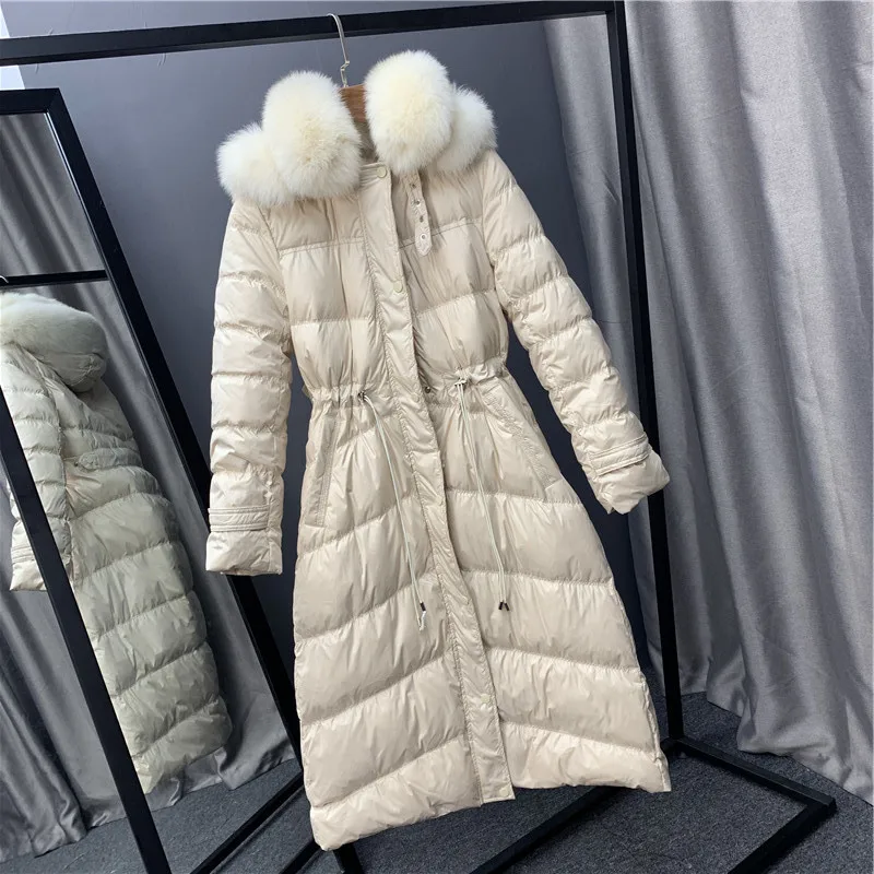 Fionto, зима, новинка, белое пуховое пальто средней длины с лисьим пухом и большим воротником, женское корейское утепленное пальто выше колена - Цвет: beige