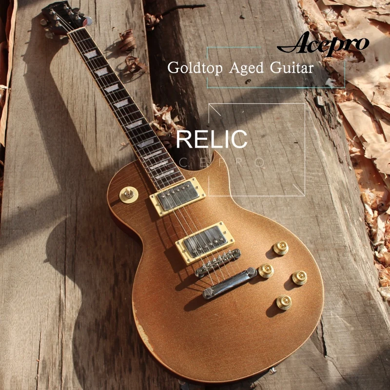 

Handmade Relics Goldtop Acepro Electric guitar, One piece Mahogany Neck & Body, Tonepro Bridge, Aged Guitarra