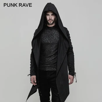 

PUNK RAVE Punk Spring Hooded Trench Cotton Inelastic Woven Loose Men Coat Irregular Sharp Hem Eyelets Drawstring Sleeve Jackets