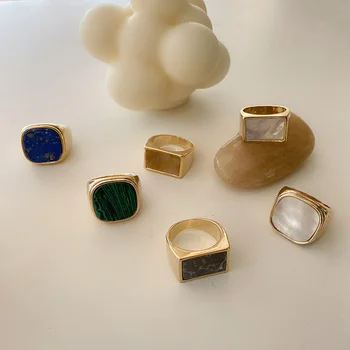

2020 New Green Blue White Vintage Gold Plated Square Geometric Round Natural Marble Shell Stone Rings For Women Gold Finger Ring