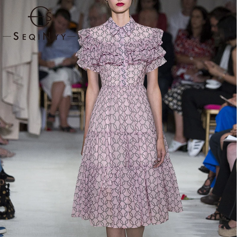 

SEQINYY Sweet Light Purple Dress 2020 Summer Spring New Fashion Design Women Short Sleeve Ruffles A-line Flowers Print Dress