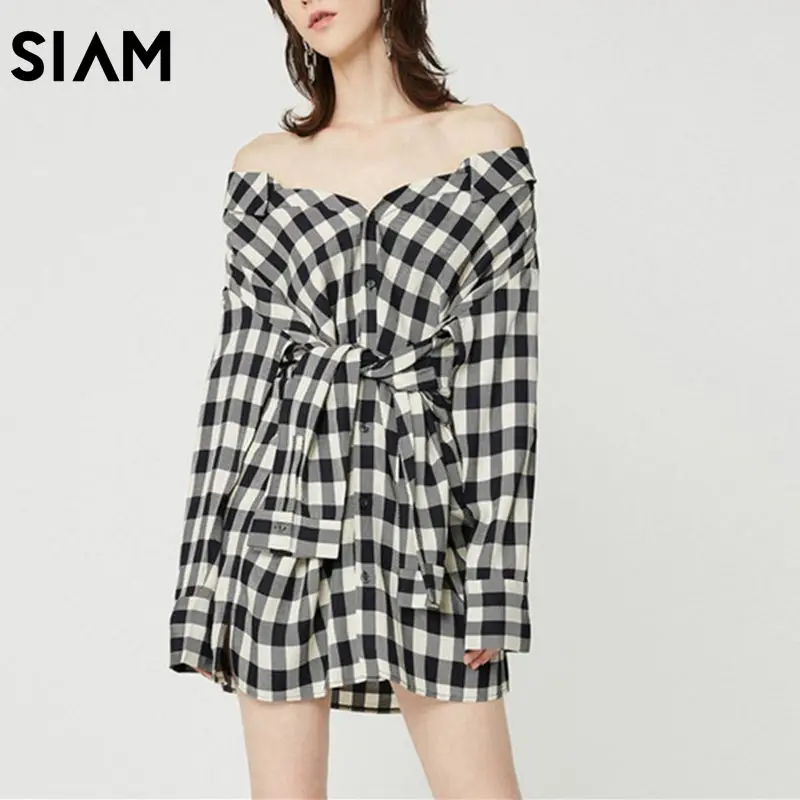 SIAM Autumn Winter Long Sleeve Dress Shirt Female Plaid Off Shoulder Bandage Short Mini Dresses 2019 Women Causal Clothes |
