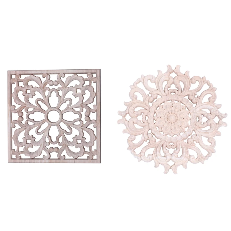 

2x Rubber Wood Carved Floral Decal Craft Onlay Applique Furniture DIY Decor F:20x20cm & 15cm Type A