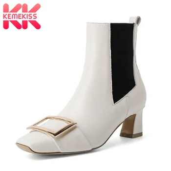 

KemeKiss Women Ankle Boots Real Leather Mixed Color Women High Heel Boots Fashion Women Winter Shoes Footwear Size 34-39