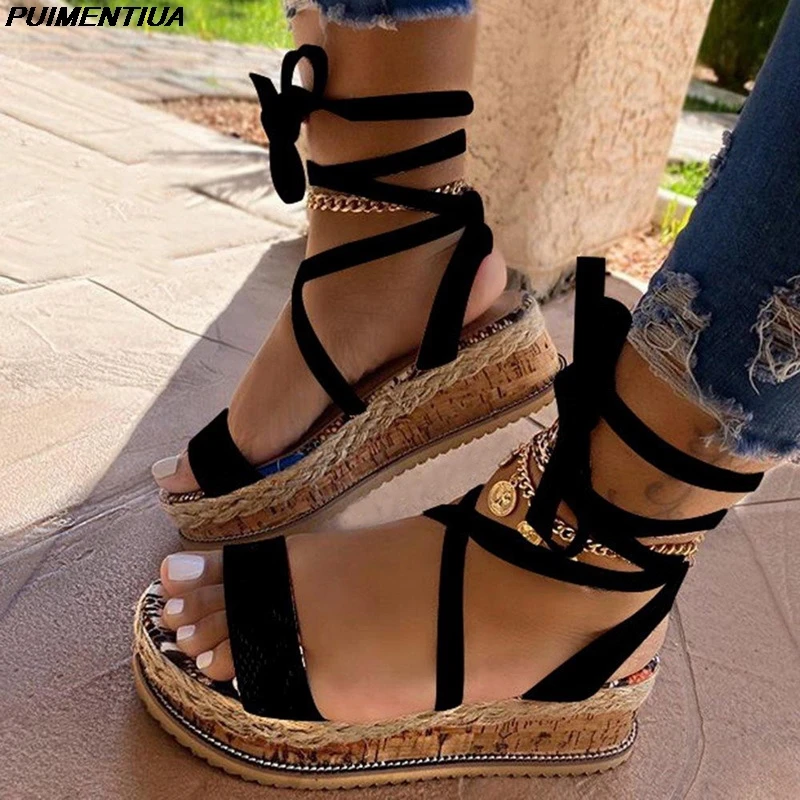Puimentiua Sandalias de las mujeres Retro Verano de 2021 zapatos de cuña Zapatos de dibujo étnico de moda de encaje Casual-zapatos de las mujeres de Playa Damas Sandalias