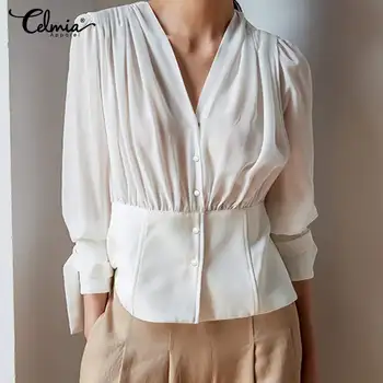 

Vintage Casual Lantern Sleeve Slim Blouses Women Celmia Solid Sexy V-Neck Pleated Shirt Plus Size Chiffon Tops Elegant Blusas 7