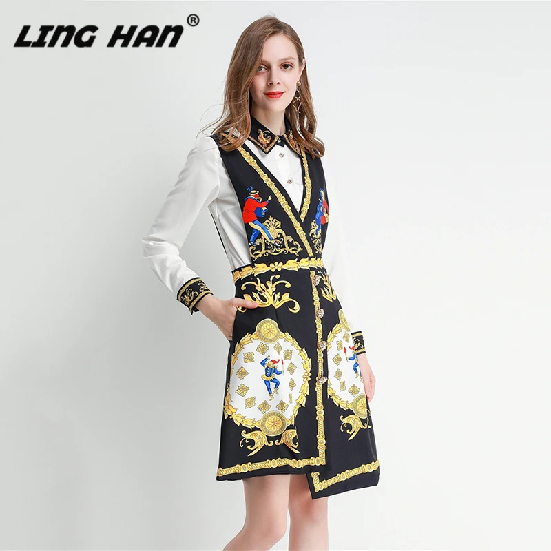 LINGHAN дизайнерские осенние Подиумные платья женские с длинным рукавом Роскошные Тотем напечатаны Кристалл Алмаз два в одном вечерние платья