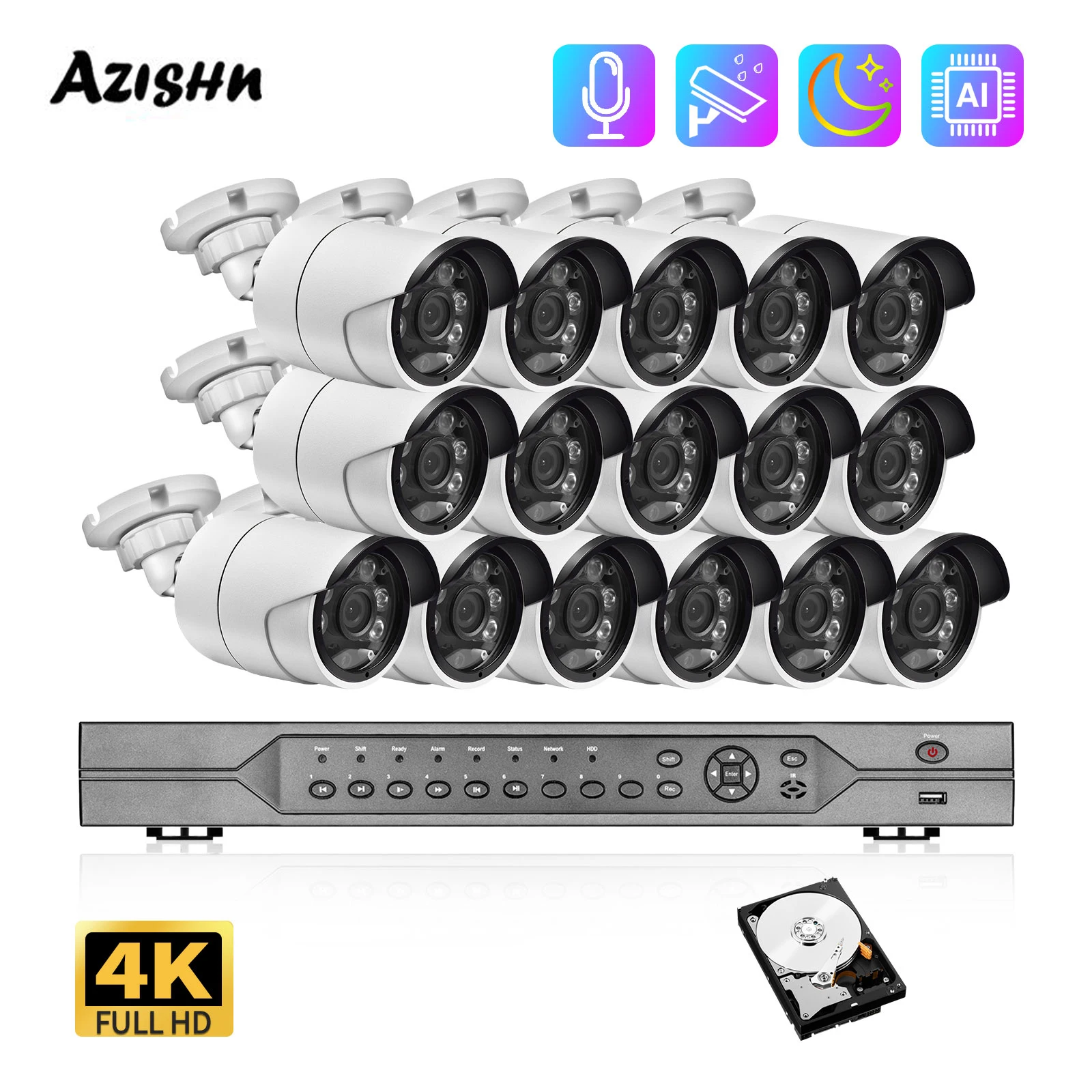 Комплект видеорегистратора AZISHN 16 каналов 4K 8 Мп POE H.265 IP-камера системы