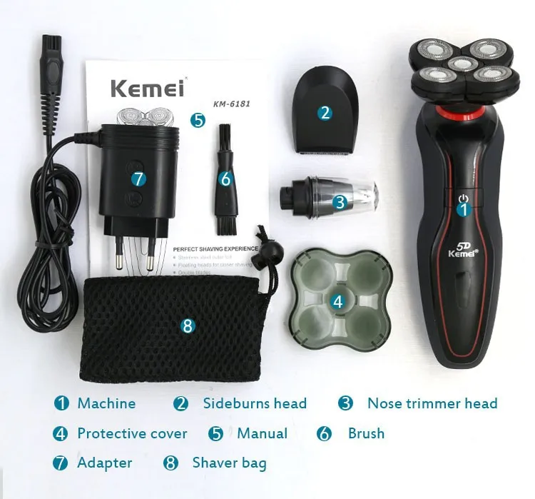 Kemei перезаряжаемый 5D электробритва, моющийся триммер для носа, 5 лезвий, бритва для бороды, 3 в 1, плавающий уход за лицом, мужской станок для бритья