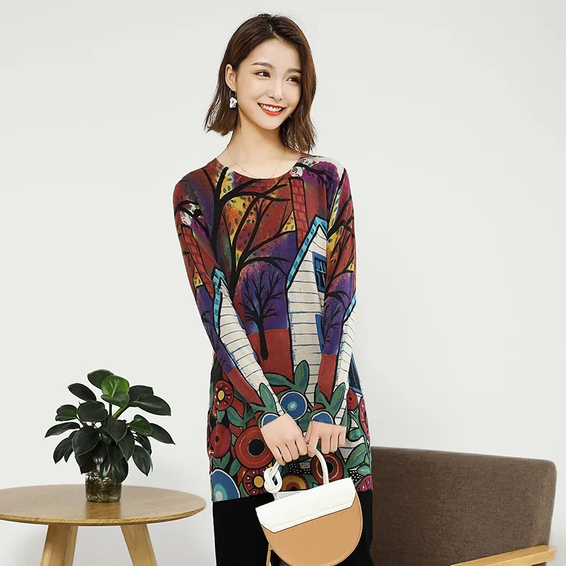 

2020 autumn new women's blouse pullover round neck plant print sweater women sun protection loose knitted sweater